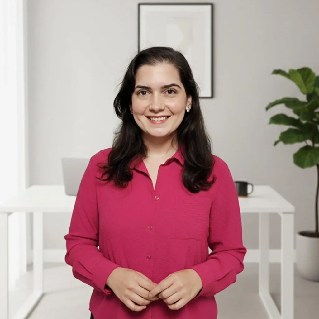 Mariana Medina, creadora de la plantilla Notion Marketing Hub, de pie sonriendo y lista para ayudar a freelancers y Agencias con su negocio digital.