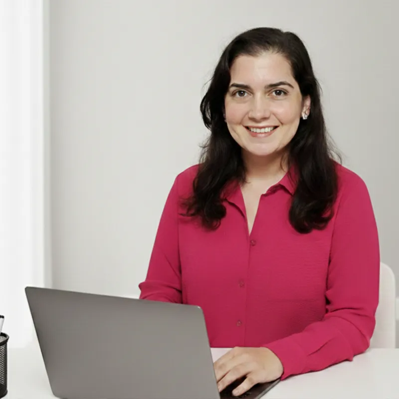 Mariana Medina trabajando en su computadora, diseñadora del sistema Marketing Hub de Notion para freelancers y agencias.