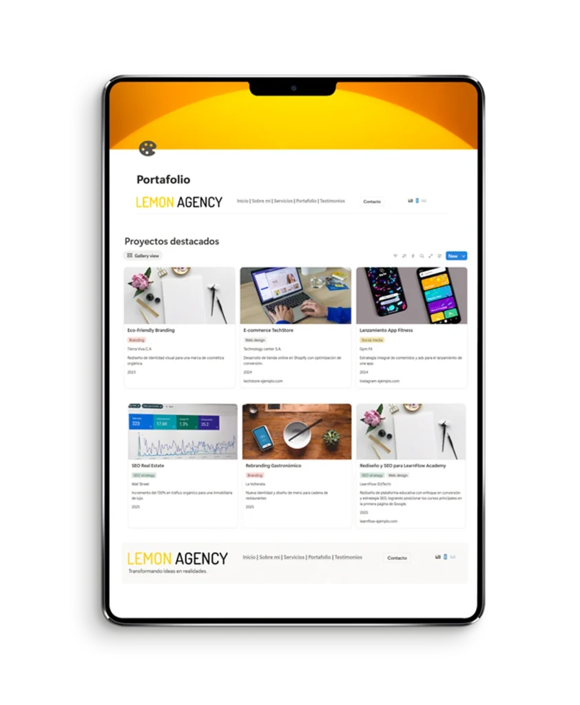 Galería de portafolio profesional en la plantilla Marketing Hub para organizar y mostrar trabajos previos a clientes potenciales.