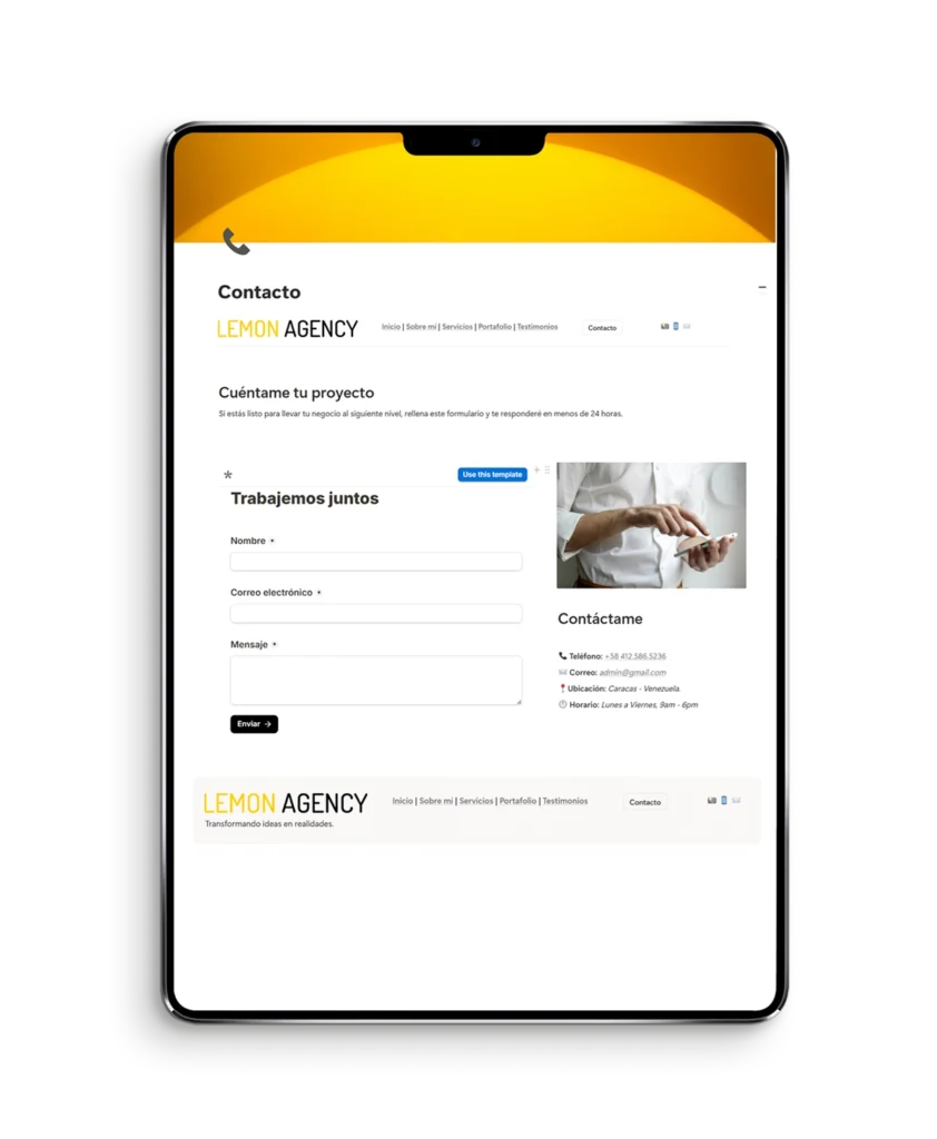 Sección de contacto y enlaces directos en Notion para facilitar la contratación de servicios de marketing y SEO.