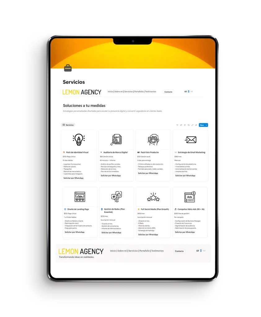 Módulo de Servicios en Notion donde se detallan las ofertas, paquetes y precios para clientes de agencias digitales.