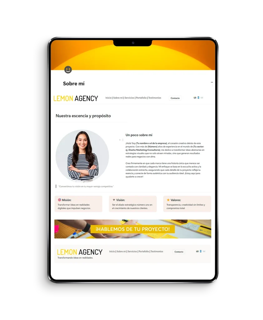 Sección Sobre Mí de la plantilla Notion Marketing Hub, diseñada para mostrar la trayectoria y marca personal del freelancer.